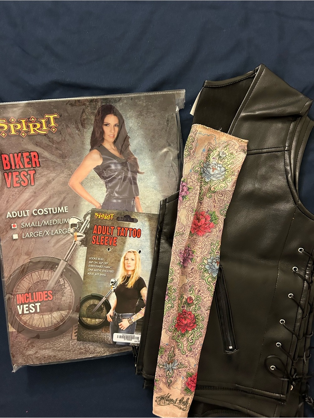 Spirit Black Faux Leather Biker Vest with Floral Tattoo Sleeve - Halloween